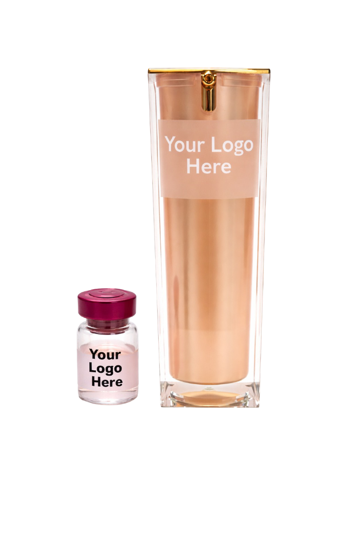 Blemish Control ampoule and serum private-label pair, both marked &lsquo;Your Logo Here&rsquo;.
