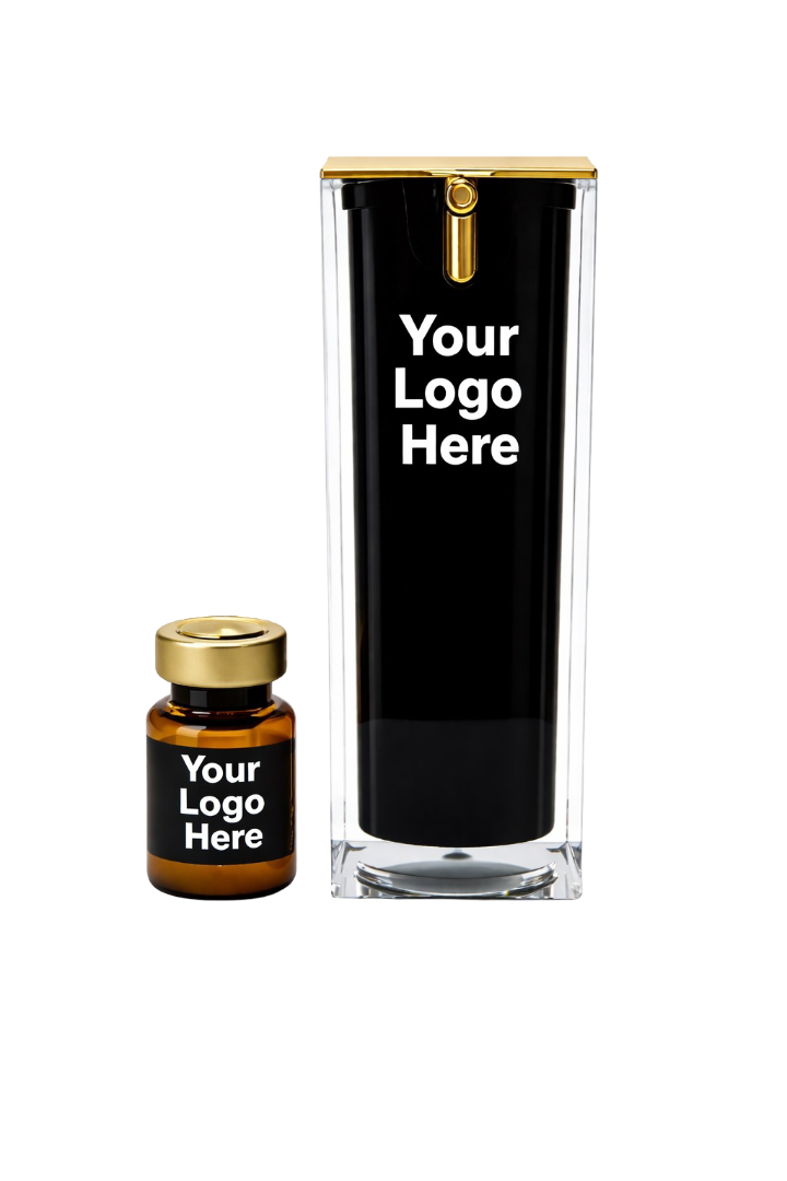 Eye Contour Energy ampoule and serum private-label pair, both marked &lsquo;Your Logo Here&rsquo;.