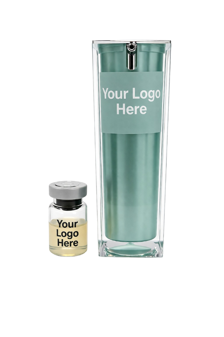 Skin Radiance Glow ampoule and Glow Brightener serum private-label pair, both marked &lsquo;Your Logo Here&rsquo;.