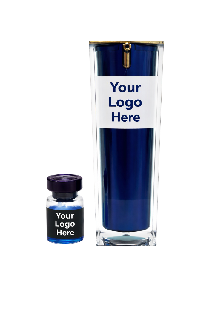 Hair Renewal Peptide ampoule and gel private-label pair, both marked &lsquo;Your Logo Here&rsquo;.