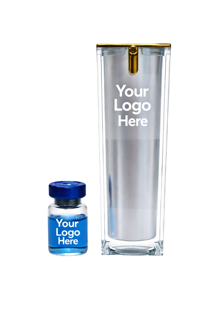 Silk Fusion ampoule and serum private-label pair, both marked &lsquo;Your Logo Here&rsquo;.